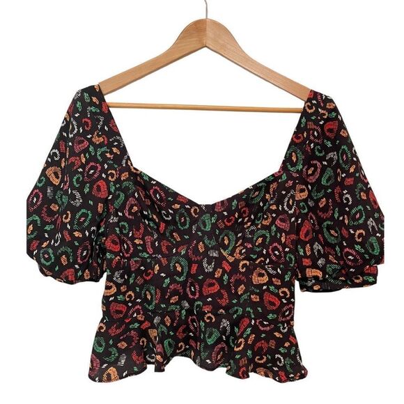 FARM Rio Orange and Black Puff Sleeve Peplum Blouse - Picture 7 of 7